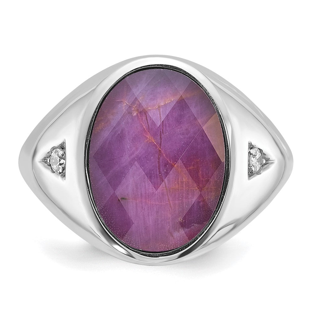14k White Gold Men's Oval Ruby Doublet Stone and 1/15 carat Diamond Complete Ring