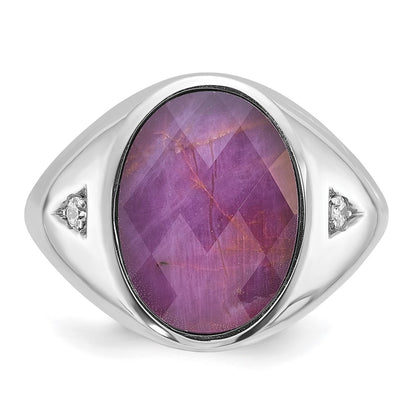 14k White Gold Men's Oval Ruby Doublet Stone and 1/15 carat Diamond Complete Ring