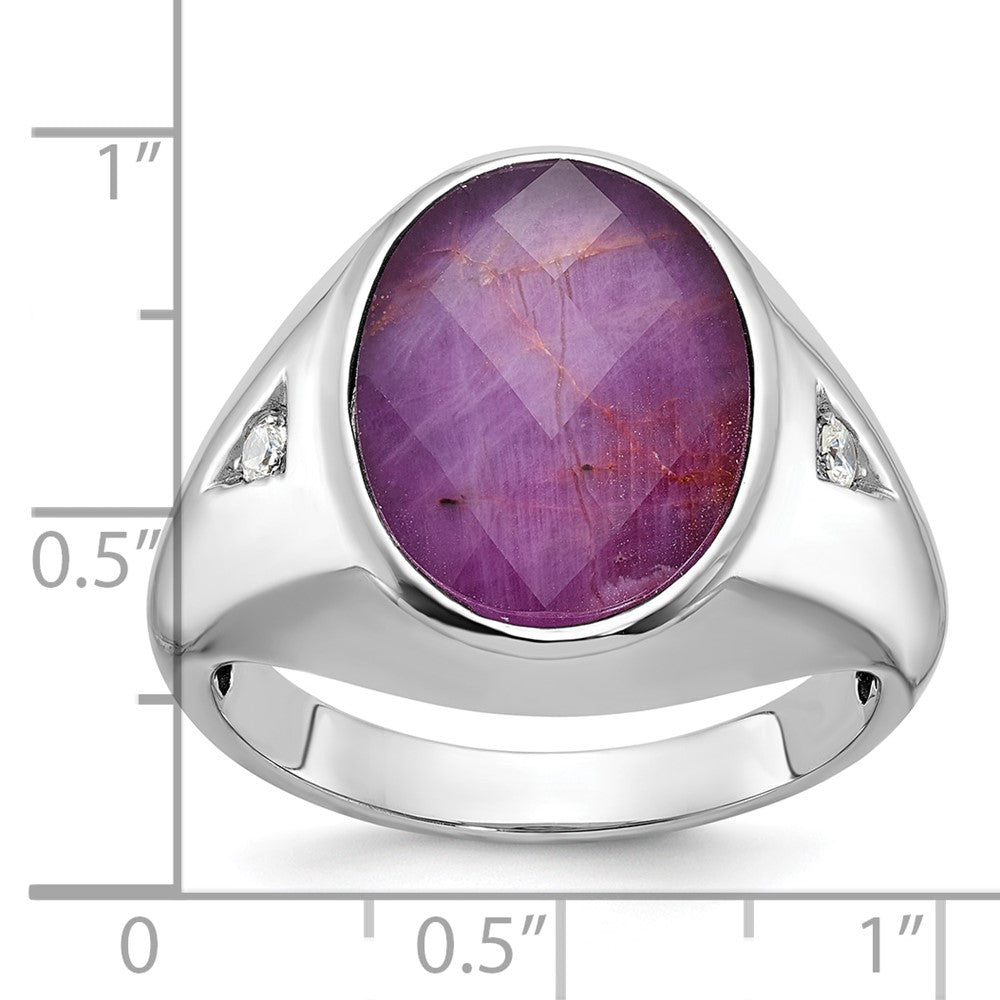 14k White Gold Men's Oval Ruby Doublet Stone and 1/15 carat Diamond Complete Ring