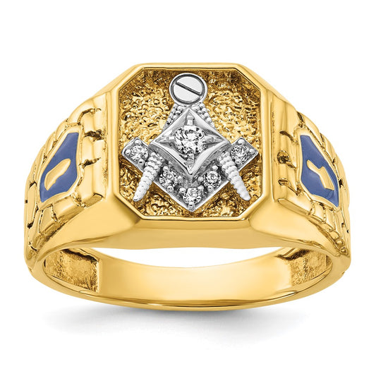 10K Two-Tone Ibgoodman Men'S Polished And Textured With Blue Enamel Diamond Lodge Master Masonic Ring