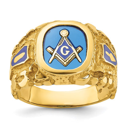 10K Yellow Gold Ibgoodman Men'S Polished And Nugget Textured With Blue Enamel Lab Created Sapphire Lodge Master Masonic Ring