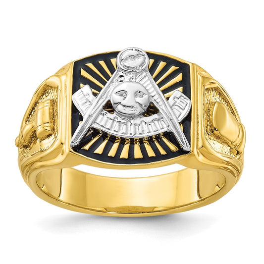 10K Two-Tone Ibgoodman Men'S Polished And Textured With Black Enamel Past Master Masonic Ring
