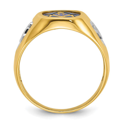 14k Yellow Gold with White Rhodium Men's Polished and Textured with Lab Created Sapphire Blue Lodge Master Masonic Ring