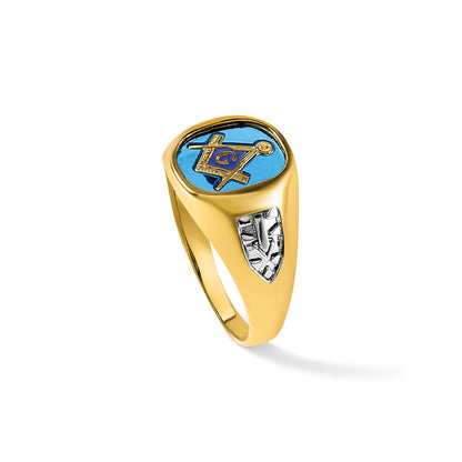 10K Yellow Gold Ibgoodman Men'S Polished And Textured Blue Lodge Master Masonic Ring Mounting