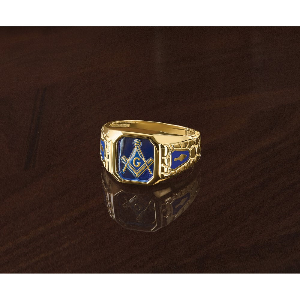 10K Yellow Gold Ibgoodman Men'S Polished And Textured Blue Lodge Master Masonic Ring Mounting