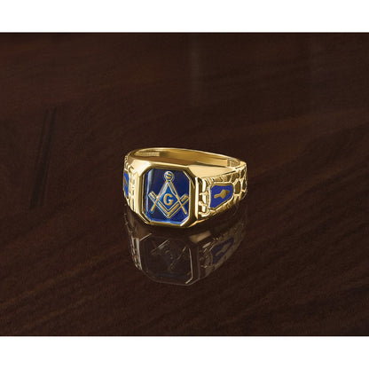 10K Yellow Gold Ibgoodman Men'S Polished And Textured Blue Lodge Master Masonic Ring Mounting