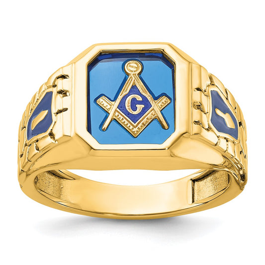 10K Yellow Gold Ibgoodman Men'S Polished And Textured With Blue Enamel Lab Created Sapphire Lodge Master Masonic Ring