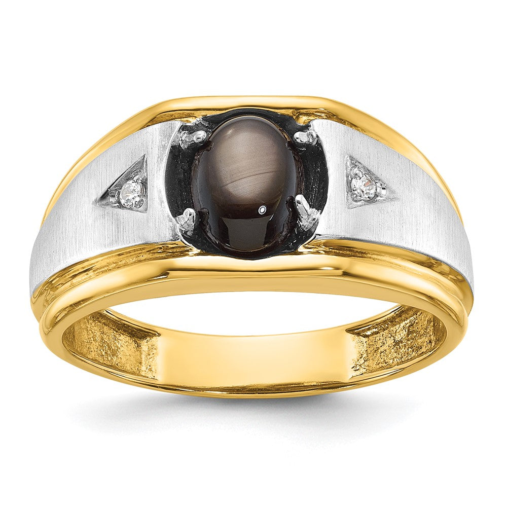 10K Two-Tone Ibgoodman Men'S Polished Satin And Grooved Black Star Sapphire A Quality Diamond Ring