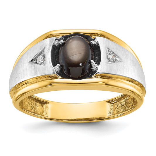 10K Two-Tone Ibgoodman Men'S Polished Satin And Grooved Black Star Sapphire A Quality Diamond Ring