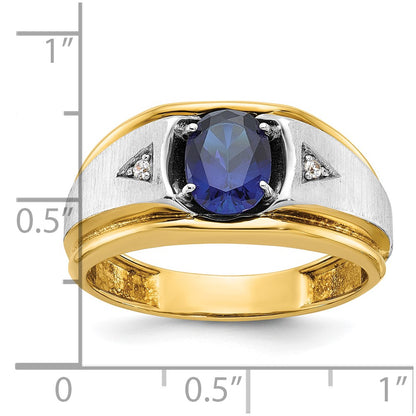 10K Two-Tone Ibgoodman Men'S Polished Satin And Grooved Lab Created Sapphire A Quality Diamond Ring