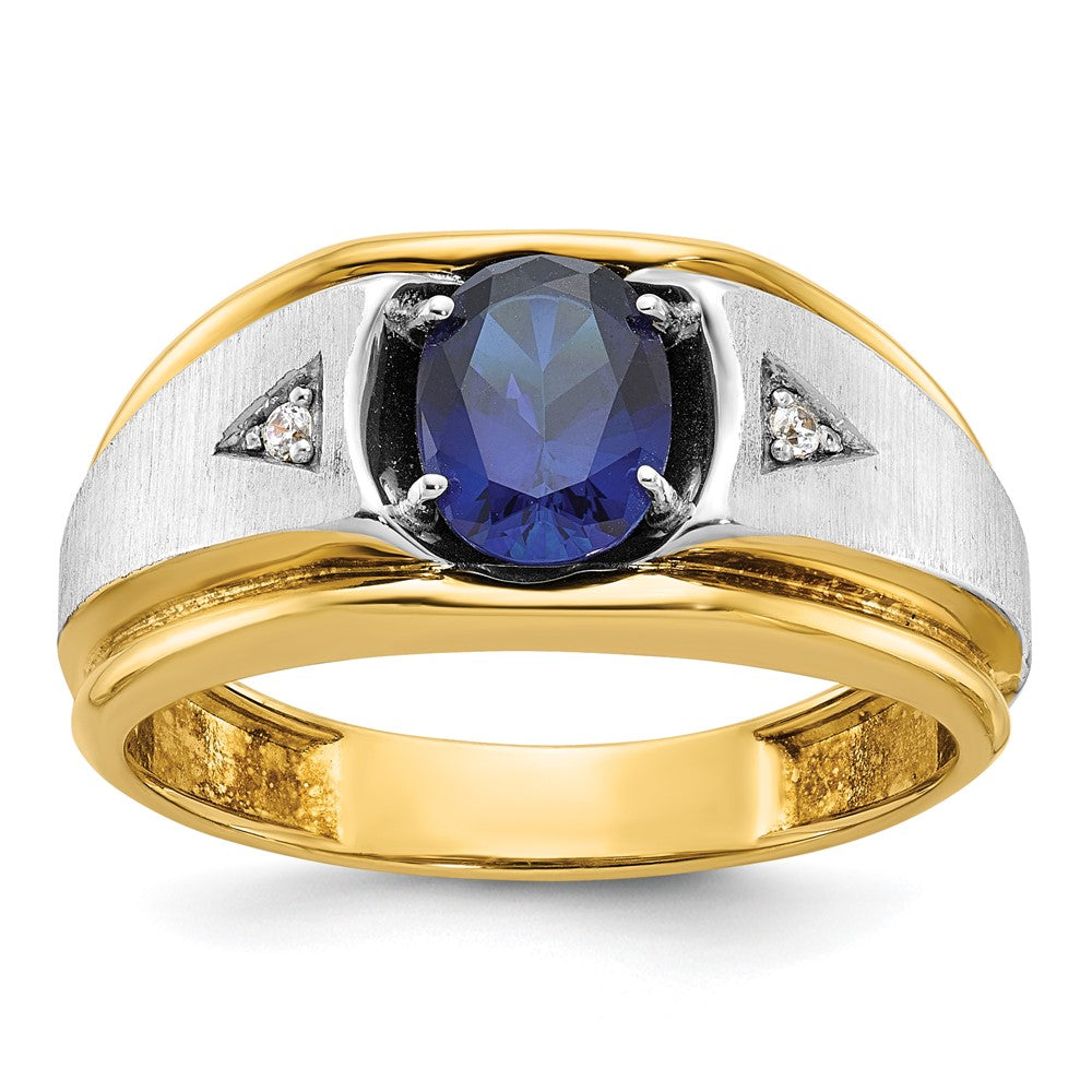 10K Two-Tone Ibgoodman Men'S Polished Satin And Grooved Lab Created Sapphire A Quality Diamond Ring