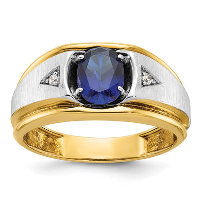 10K Two-Tone Ibgoodman Men'S Polished Satin And Grooved Lab Created Sapphire A Quality Diamond Ring