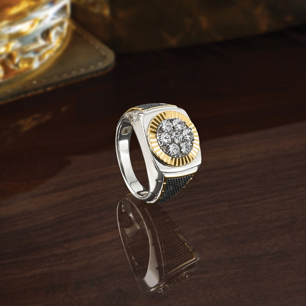 10K Two-Tone Ibgoodman With Black Rhodium Men'S Polished Textured And Diamond-Cut 1 Carat A Quality Diamond Round Cluster Ring