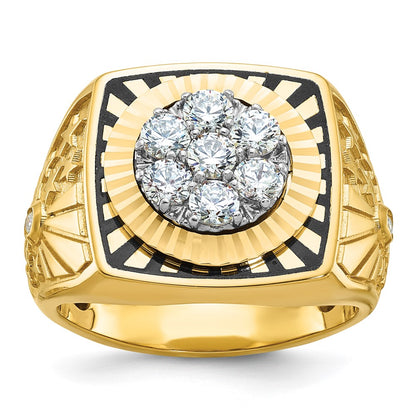 10K Two-Tone Ibgoodman With Black Enamel Men'S Polished Textured And Diamond-Cut 1 Carat A Quality Diamond Stars Stripes Round Cluster Ring