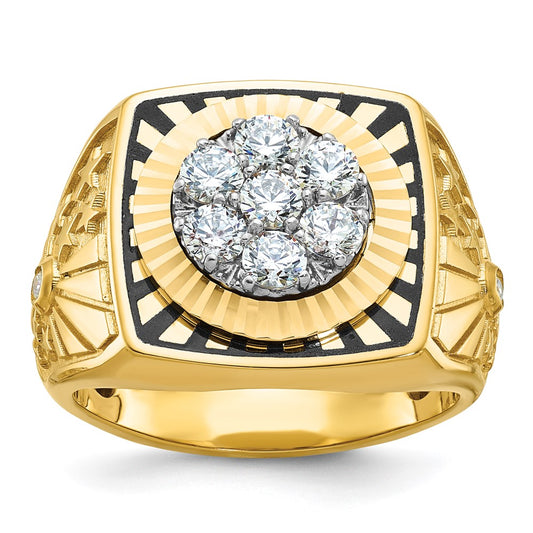 10K Two-Tone Ibgoodman With Black Enamel Men'S Polished Textured And Diamond-Cut 1 Carat A Quality Diamond Stars Stripes Round Cluster Ring
