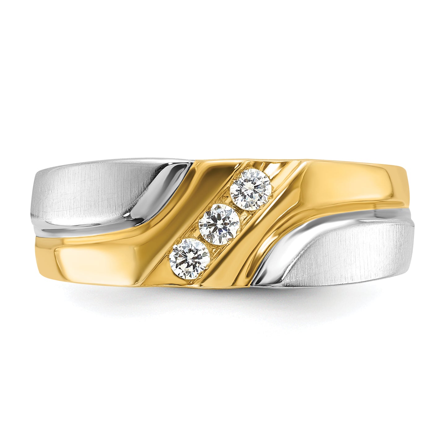 14k Two-tone Two Tone 1/6 Ct. Lab Grown Diamond VS/SI+ G+ Polished Satin and Grooved Men's Ring