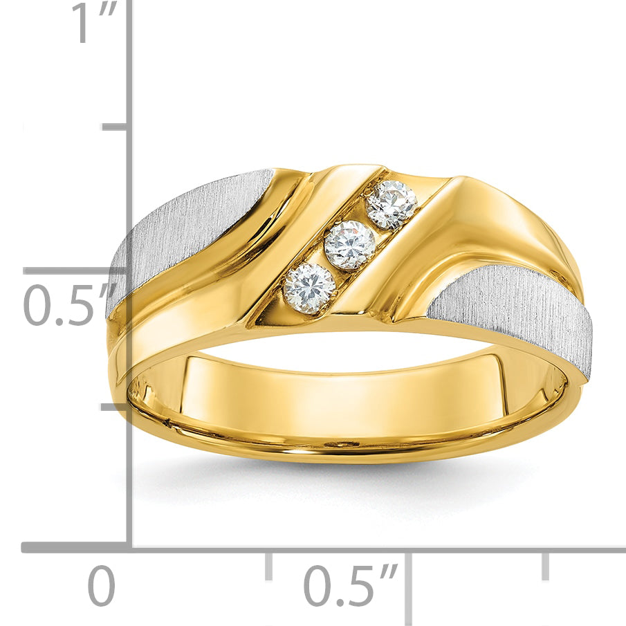 14k Two-tone Two Tone 1/6 Ct. Lab Grown Diamond VS/SI+ G+ Polished Satin and Grooved Men's Ring