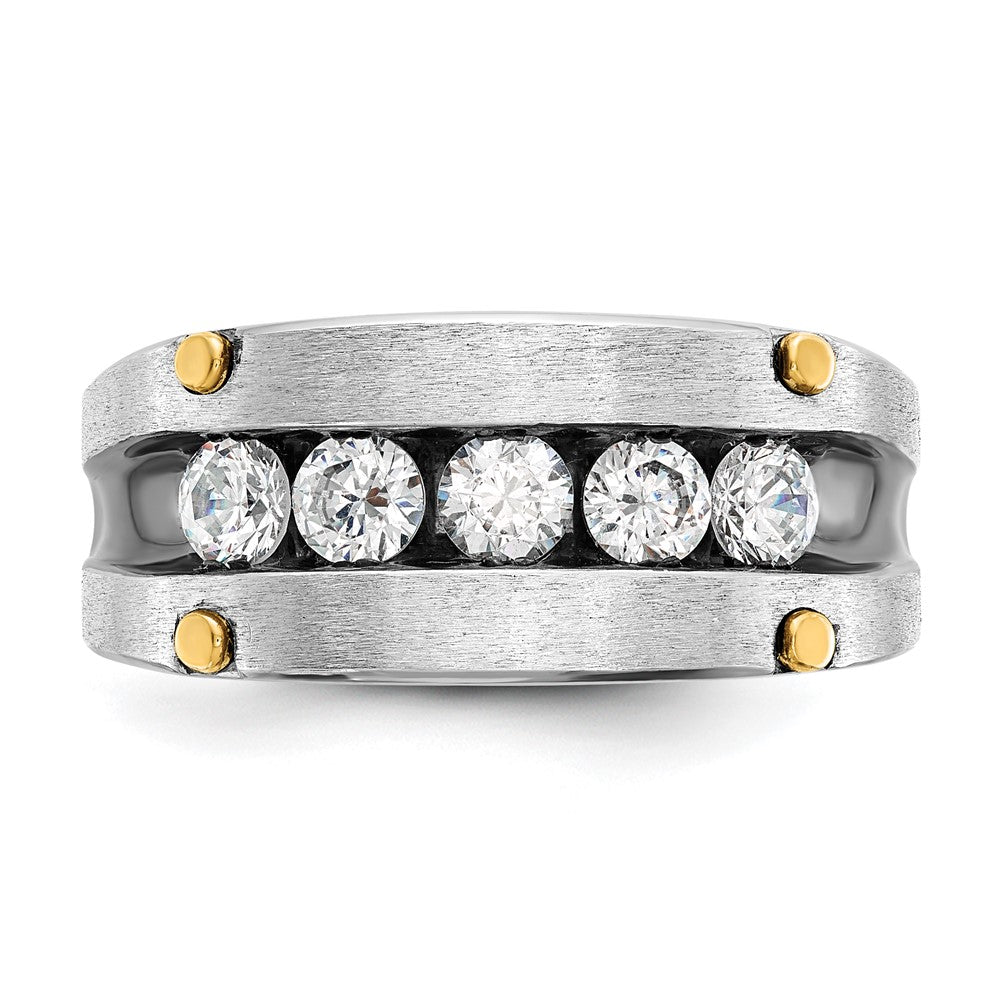 14k Two-tone  Two Tone with Black Rhodium 1 Ct. Lab Grown Diamond VS/SI+ G+ Five Stone Complete Polished Satin and Grooved Men's Ring