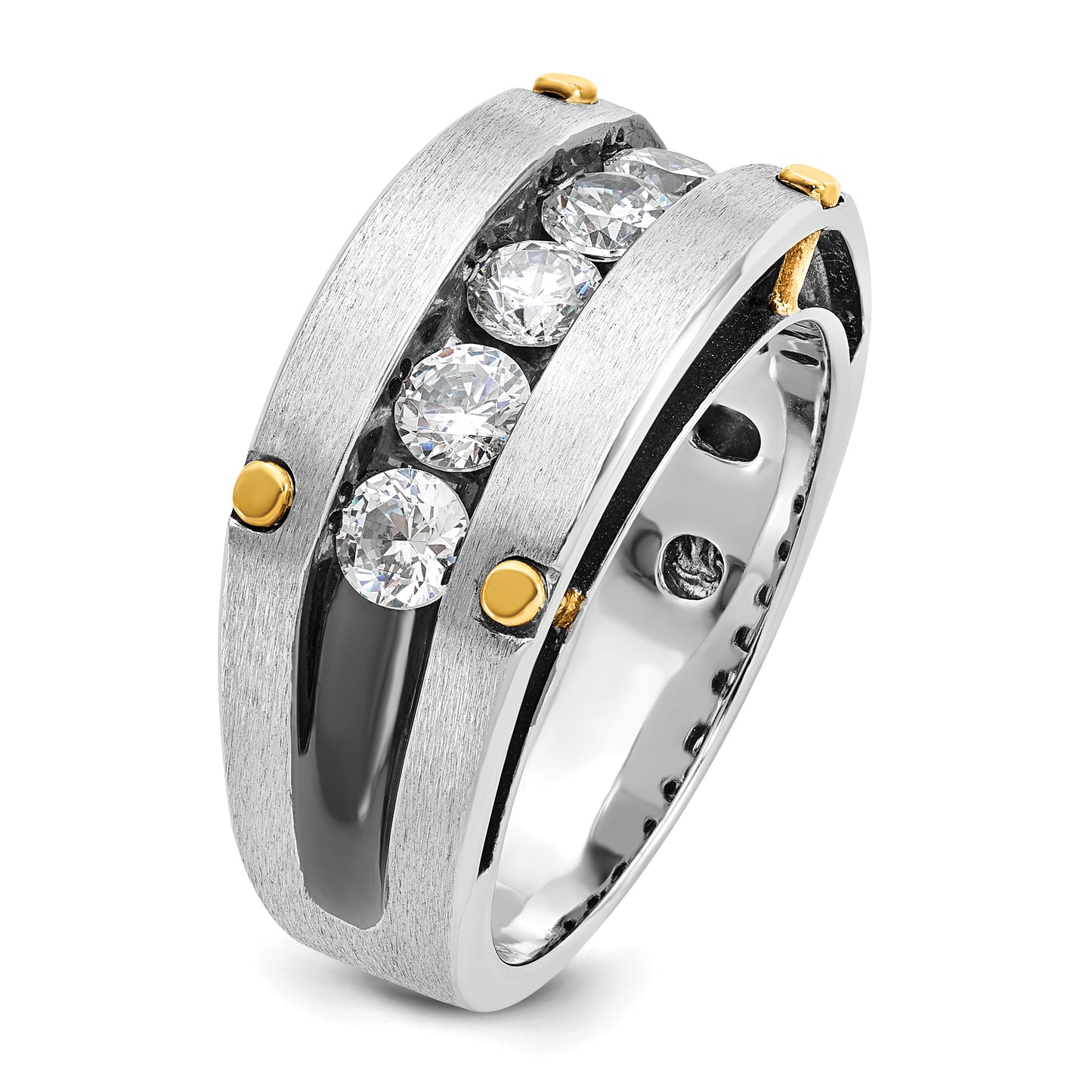 14k Two-tone Two Tone with Black Rhodium 1 Ct. Lab Grown Diamond VS/SI+ G+ Five Stone Polished Satin and Grooved Men's Ring