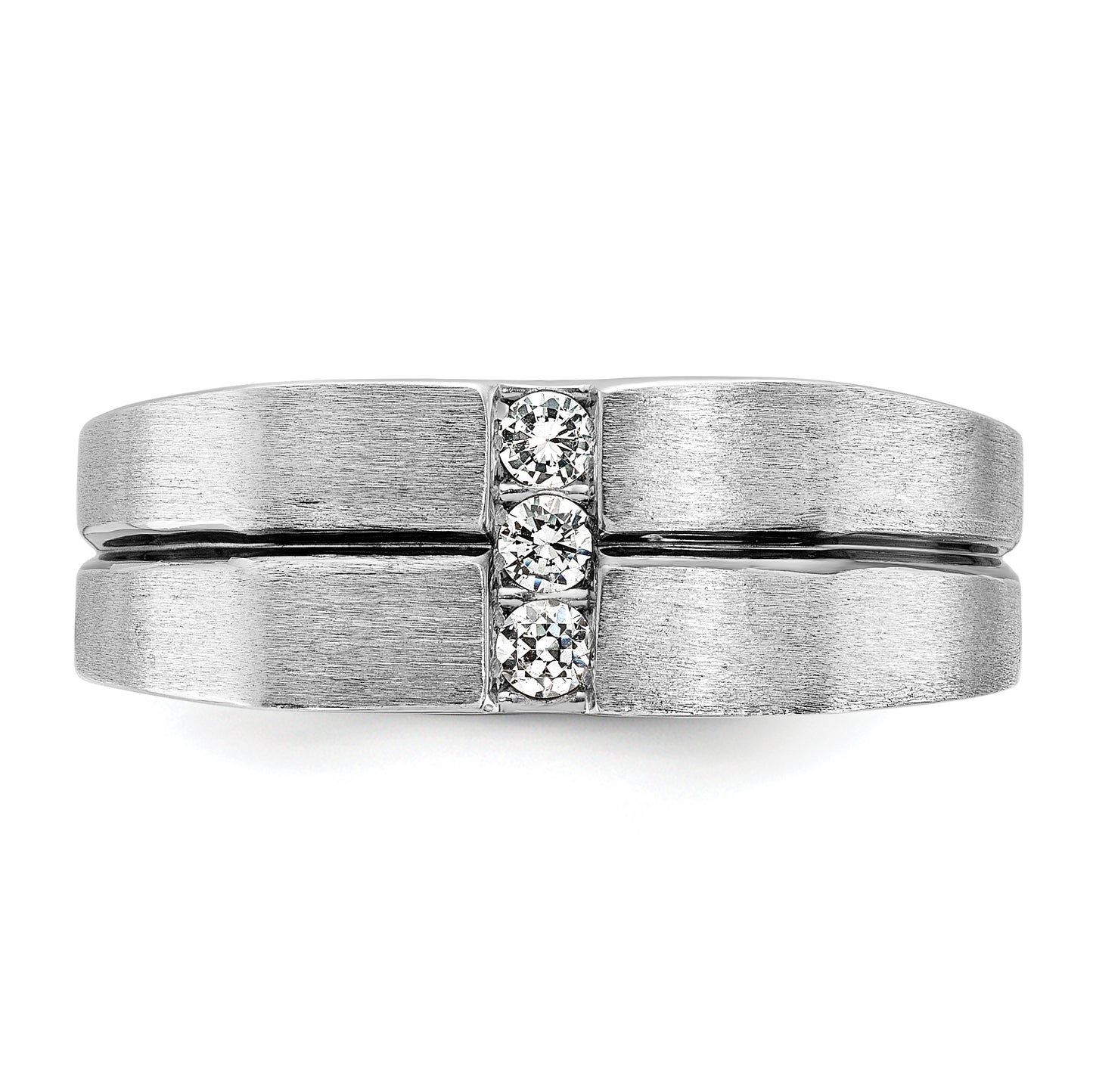 14k White Gold with Black Rhodium 1/5 Ct. Lab Grown Diamond VS/SI+ G+ Satin and Grooved Three Stone Men's Ring