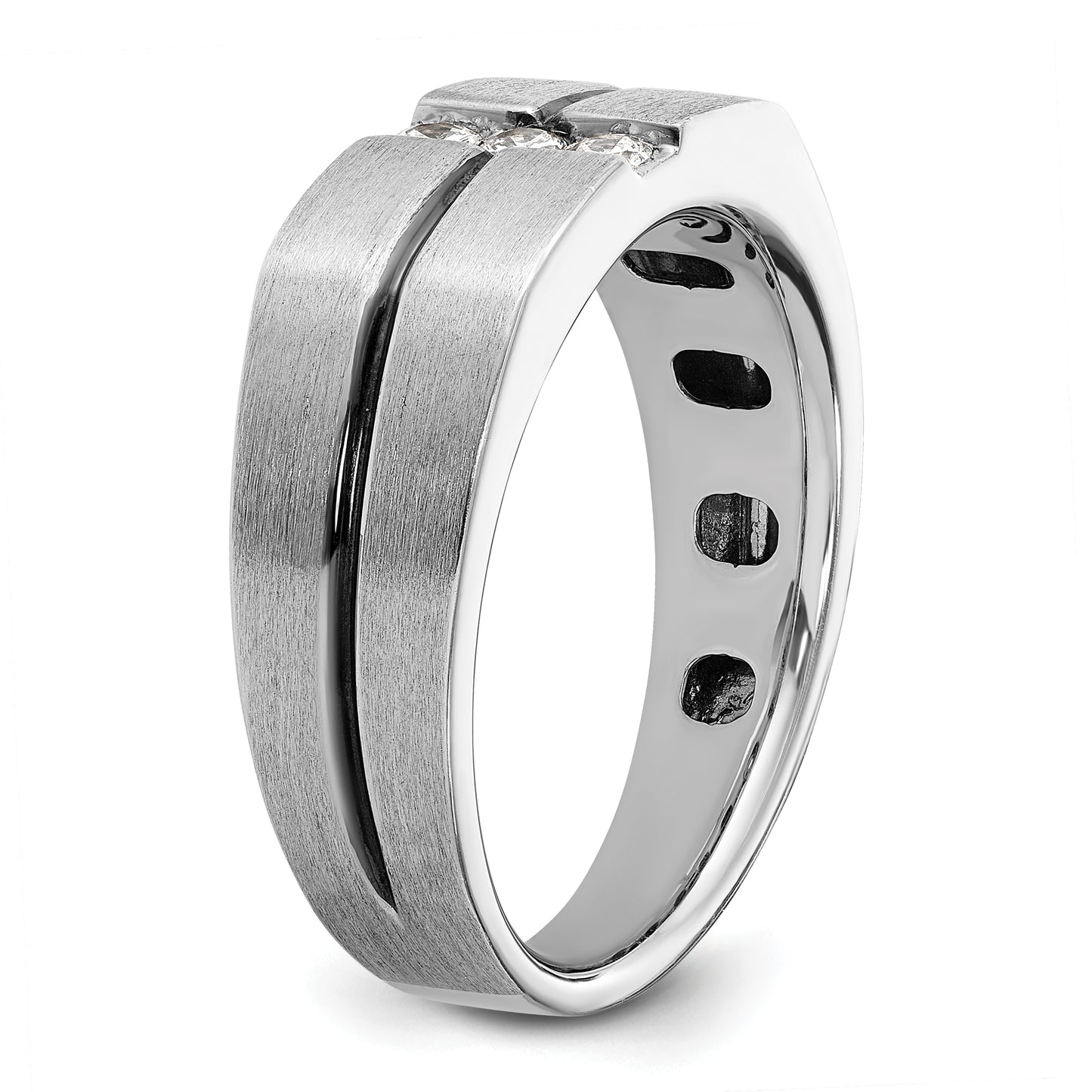 14k White Gold with Black Rhodium 1/5 Ct. Lab Grown Diamond VS/SI+ G+ Satin and Grooved Three Stone Men's Ring