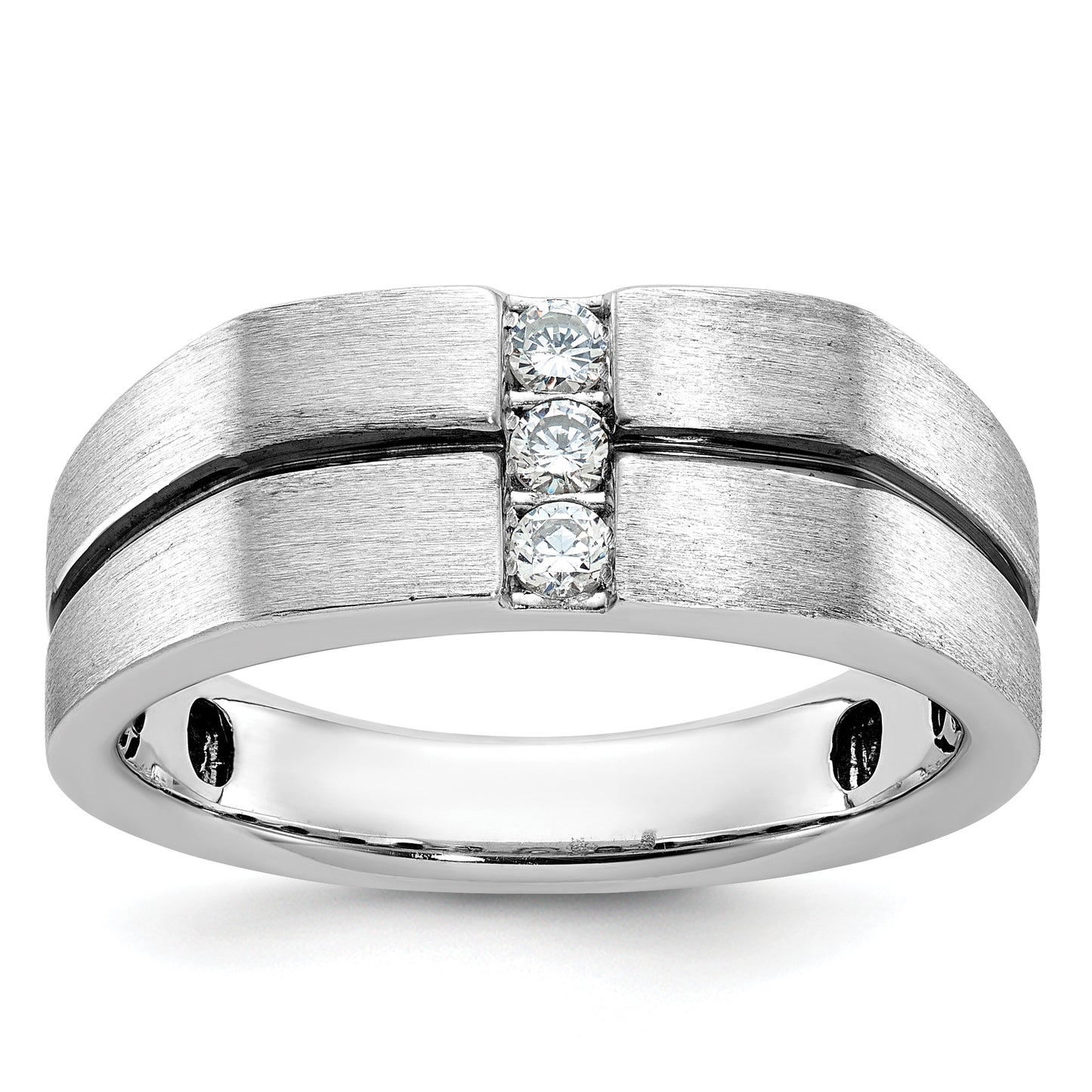 14k White Gold with Black Rhodium 1/5 Ct. Lab Grown Diamond VS/SI+ G+ Satin and Grooved Three Stone Men's Ring