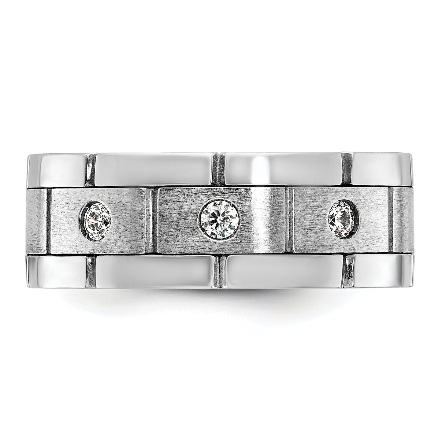 14k White Gold 1/6 Ct. Lab Grown Diamond VS/SI+ G+ Three Stone Polished Satin and Grooved Men's Ring