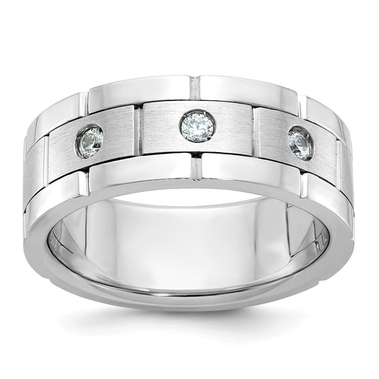 14k White Gold 1/6 Ct. Lab Grown Diamond VS/SI+ G+ Three Stone Polished Satin and Grooved Men's Ring