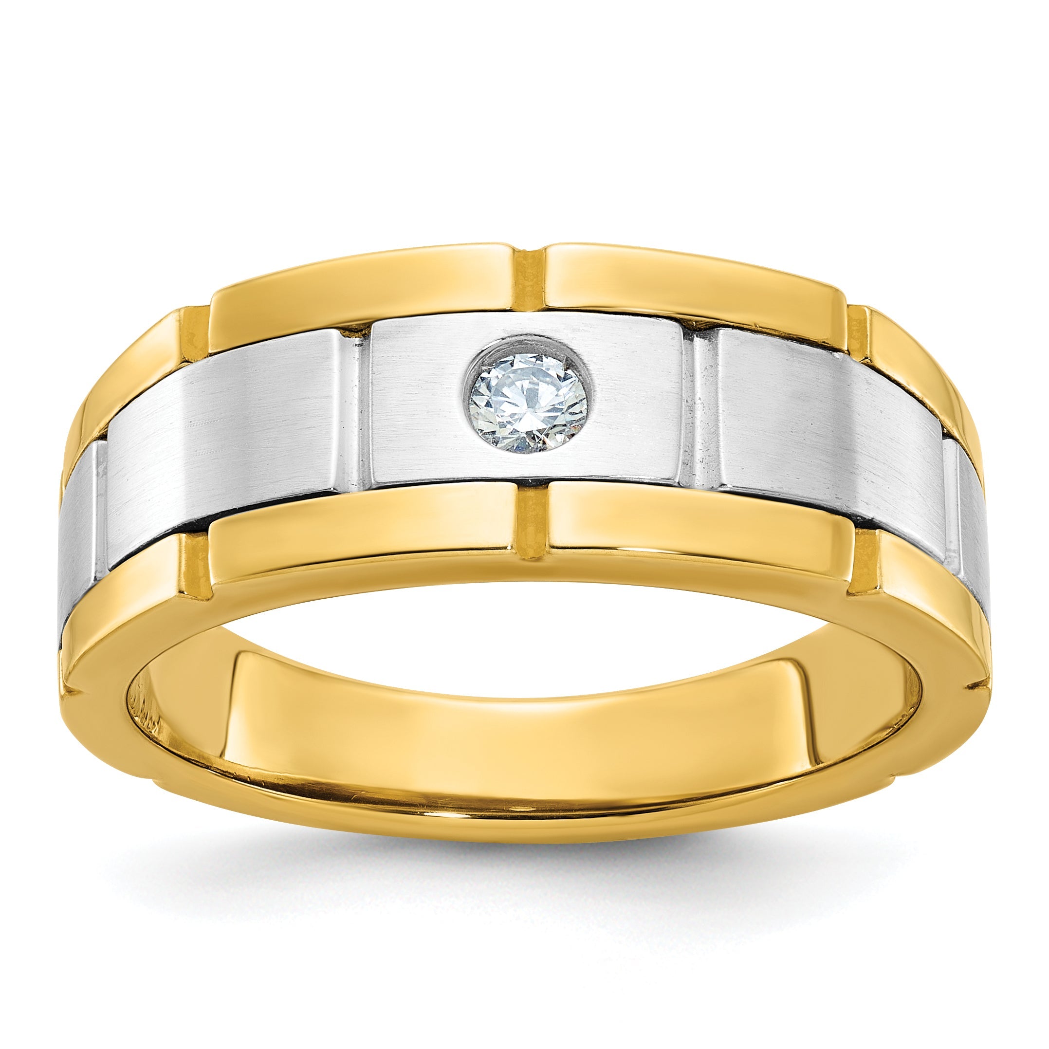 10K Two-Tone Ibgoodman Men'S Polished Satin And Grooved 1/10 Carat A Quality Diamond Ring