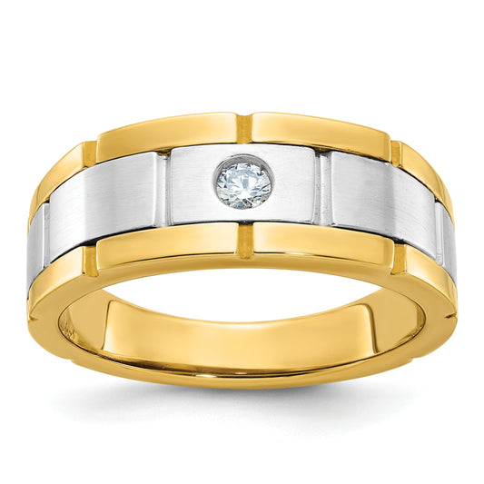 10K Two-Tone Ibgoodman Men'S Polished Satin And Grooved 1/10 Carat A Quality Diamond Ring