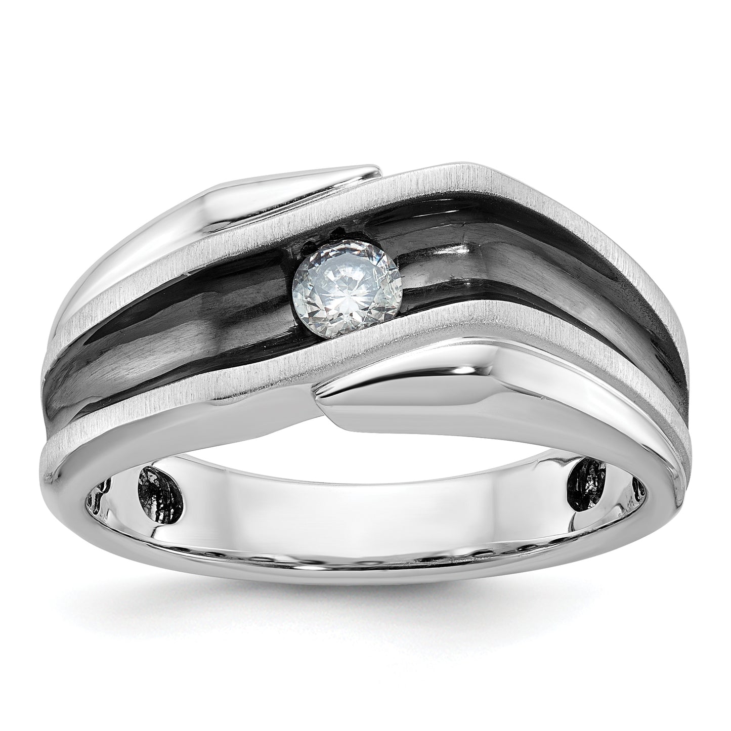 14k White Gold with Black Rhodium 1/5 Ct. Lab Grown Diamond VS/SI+ G+ Polished Satin and Grooved Men's Ring