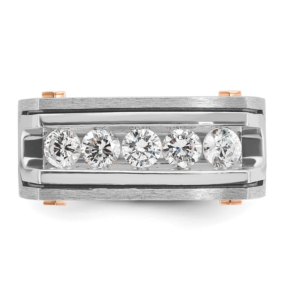14K White/Rose Gold Two Tone Rose and White with Black Rhodium 1 Ct. Lab Grown Diamond VS/SI+ G+ Five Stone Polished Satin and Grooved Men's Ring