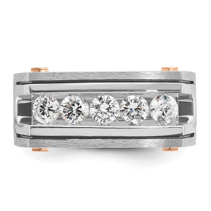 14K White/Rose Gold Two Tone Rose and White with Black Rhodium 1 Ct. Lab Grown Diamond VS/SI+ G+ Five Stone Polished Satin and Grooved Men's Ring