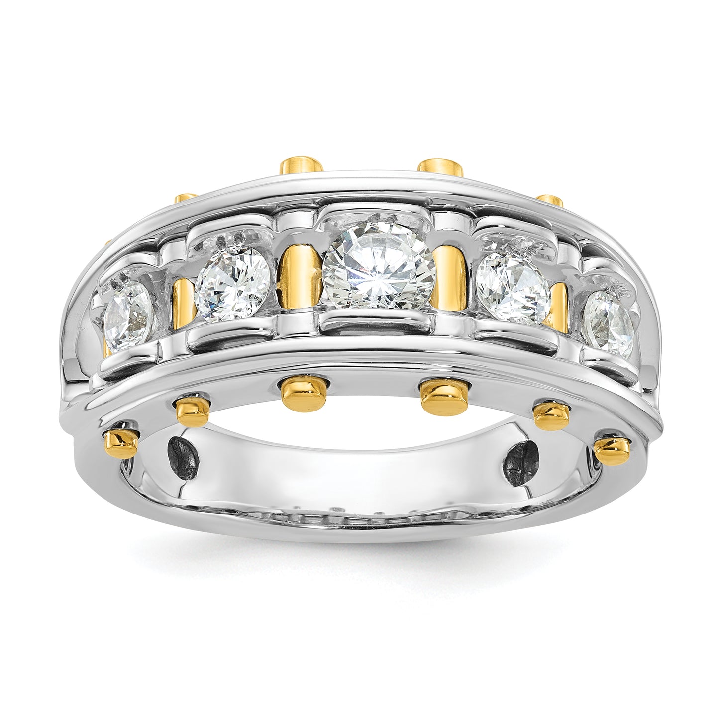 14k Two-tone Two Tone 1 Ct. Lab Grown Diamond VS/SI+ G+ Five Stone Polished and Cut Out Men's Ring