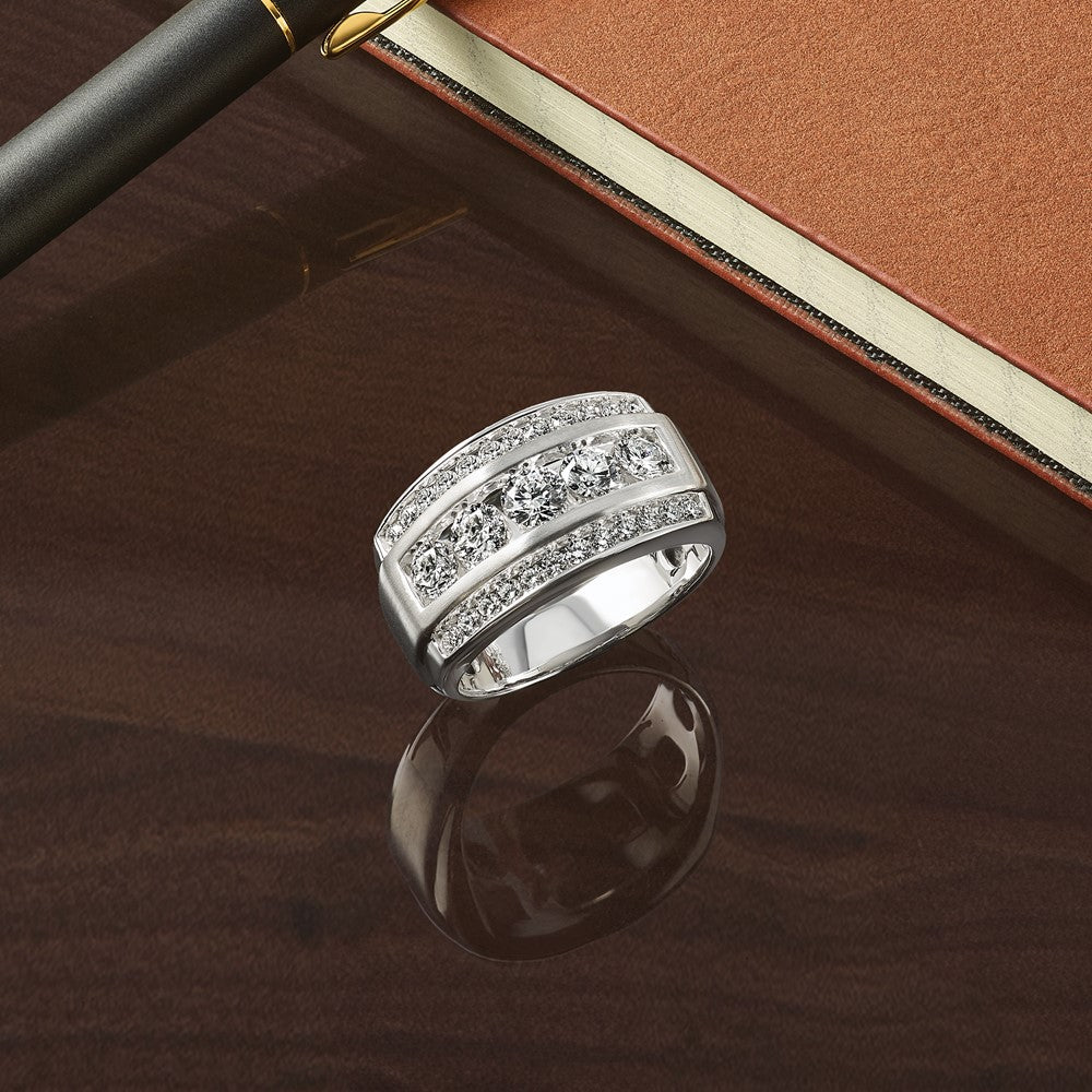 14k White Gold 1 7/8 Ct. Lab Grown Diamond VS/SI+ G+ Complete Polished and Satin Three Row Men's Ring