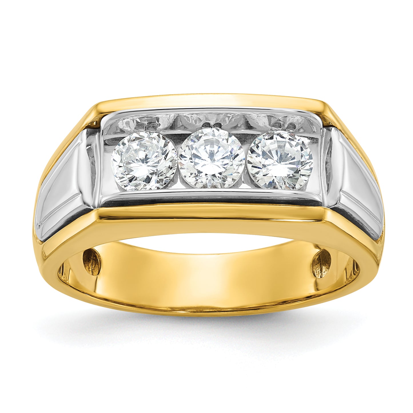 14k Two-tone Two Tone 1 Ct. Lab Grown Diamond VS/SI+ G+ Three Stone Polished and Grooved Men's Ring