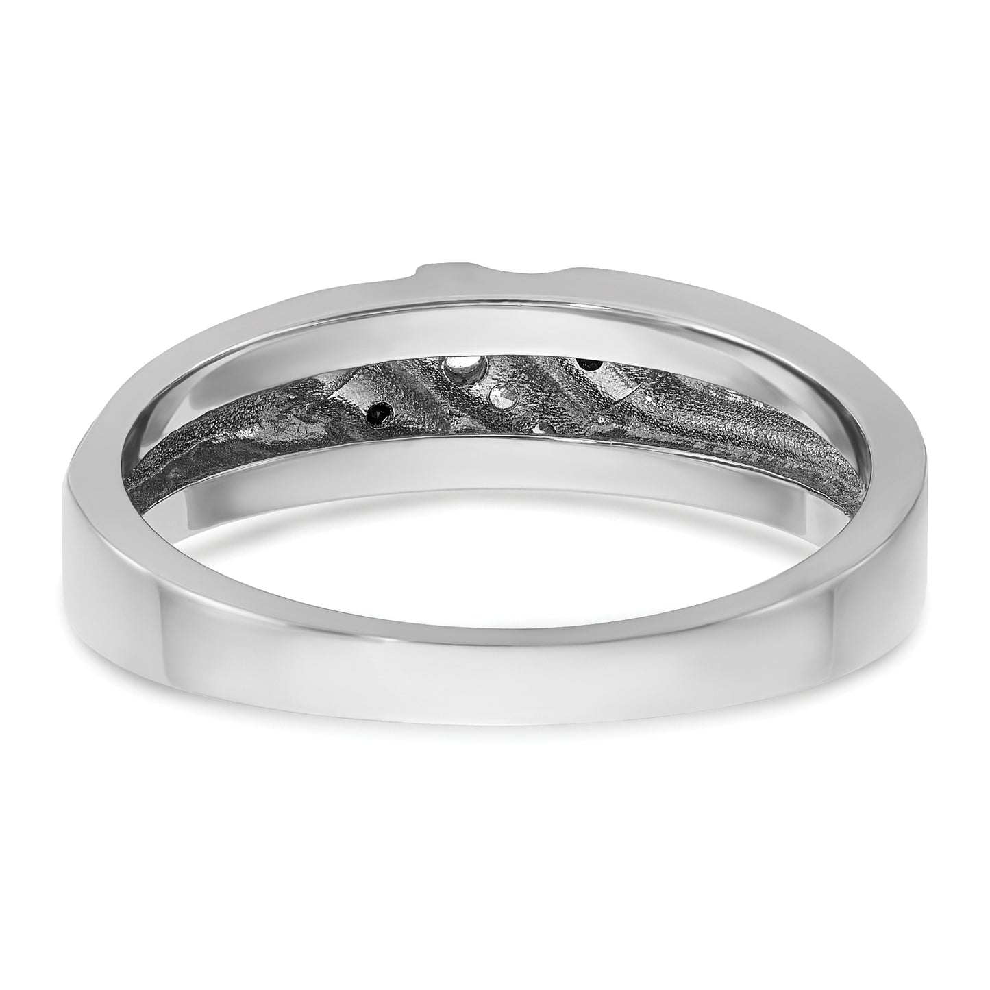 14k White Gold 1/8 Ct. Lab Grown Diamond VS/SI+ G+ and 1/8 Ct. Black Mined Diamonds Polished Satin and Grooved Men's Ring