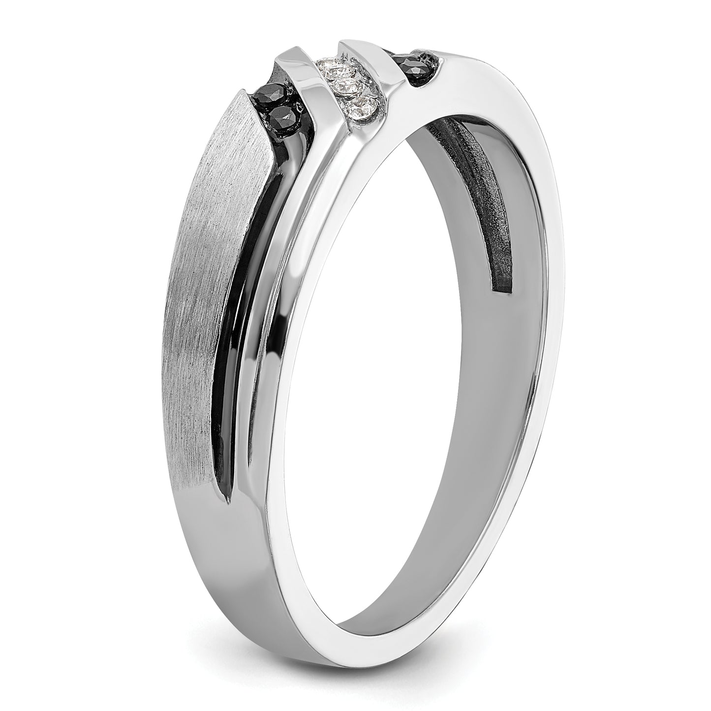 14k White Gold 1/8 Ct. Lab Grown Diamond VS/SI+ G+ and 1/8 Ct. Black Mined Diamonds Polished Satin and Grooved Men's Ring