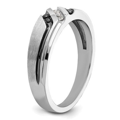 14k White Gold 1/8 Ct. Lab Grown Diamond VS/SI+ G+ and 1/8 Ct. Black Mined Diamonds Polished Satin and Grooved Men's Ring