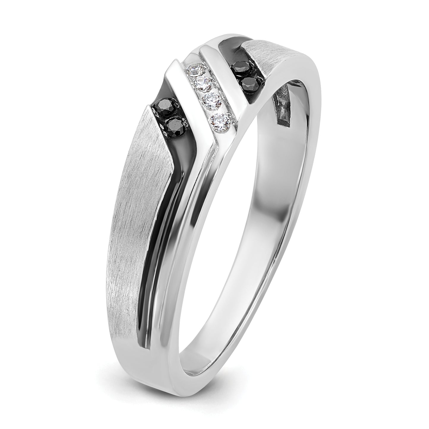 14k White Gold 1/8 Ct. Lab Grown Diamond VS/SI+ G+ and 1/8 Ct. Black Mined Diamonds Polished Satin and Grooved Men's Ring