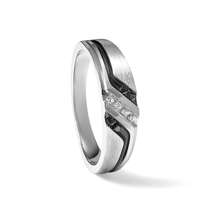 14k White Gold 1/8 Ct. Lab Grown Diamond VS/SI+ G+ and 1/8 Ct. Black Mined Diamonds Polished Satin and Grooved Men's Ring