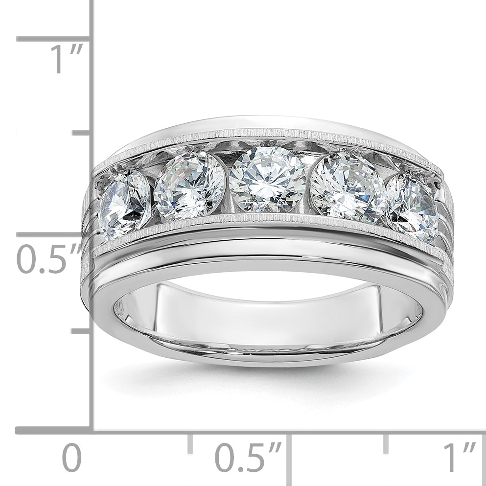 14k White Gold 2 Ct. Lab Grown Diamond VS/SI+ G+ Five Stone Polished Satin and Grooved Men's Ring