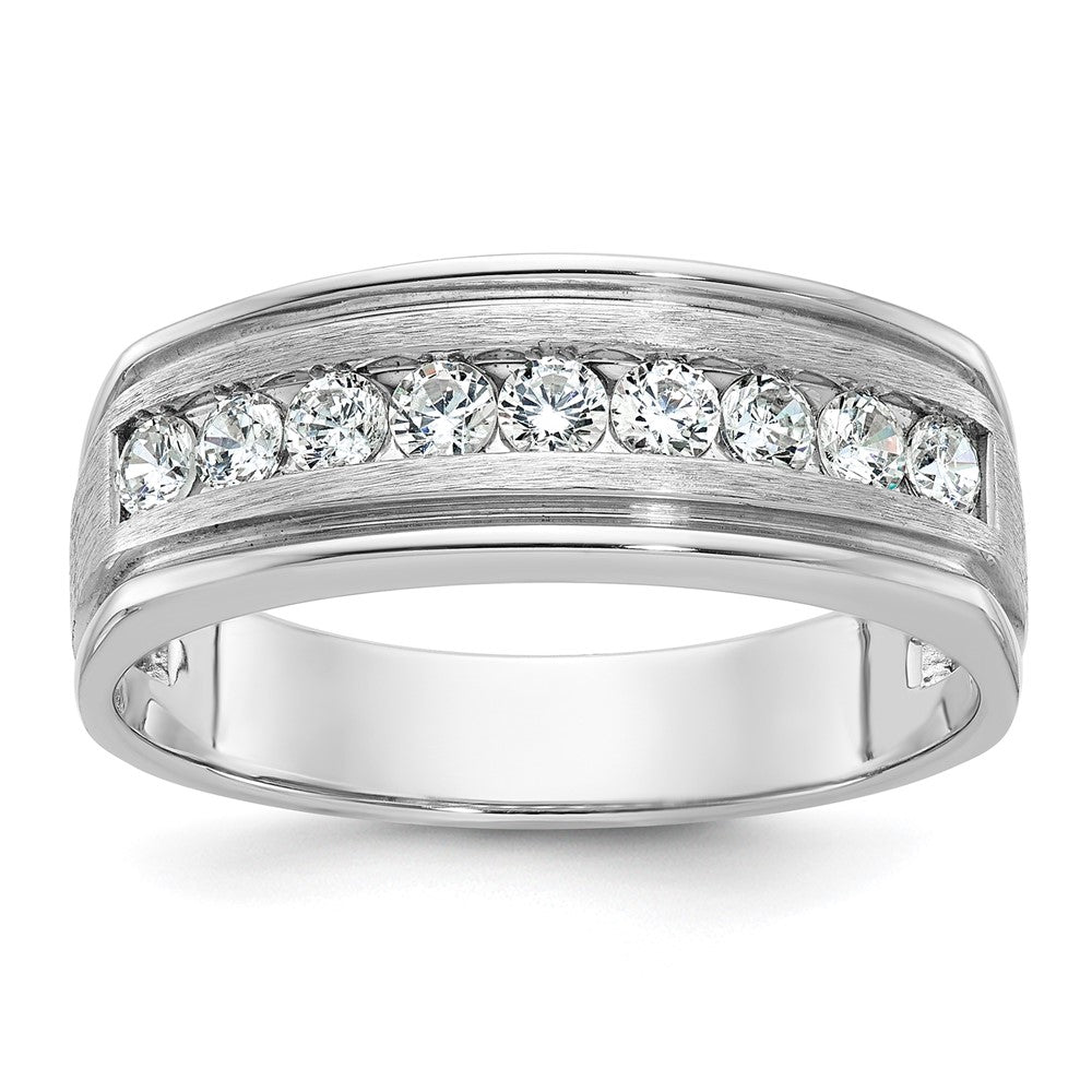 14k White Gold 1/2 Ct. Lab Grown Diamond VS/SI+ G+ Nine Stone Polished Brushed and Grooved Men's Ring