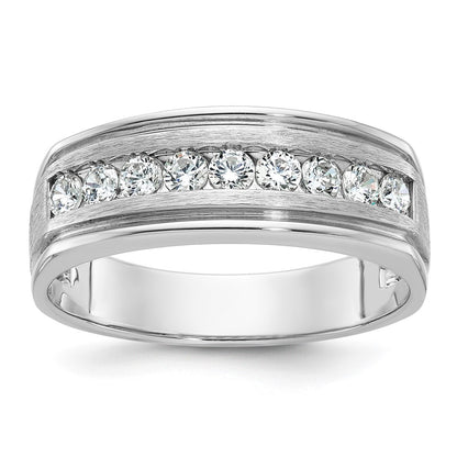14k White Gold 1/2 Ct. Lab Grown Diamond VS/SI+ G+ Nine Stone Polished Brushed and Grooved Men's Ring