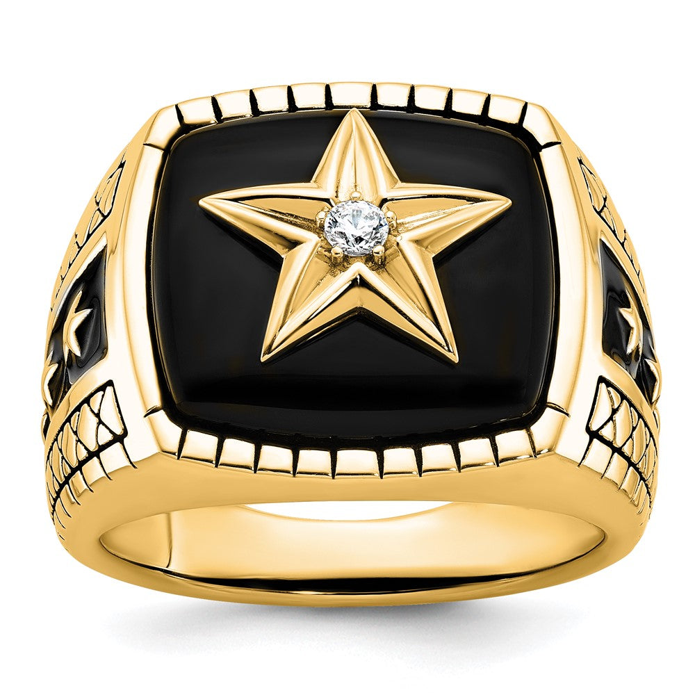 10K Yellow Gold 10K Polished And Antiqued Star Onyx Diamond Men'S Ring