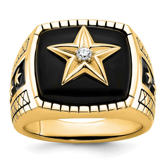 10K Yellow Gold 10K Polished And Antiqued Star Onyx Diamond Men'S Ring