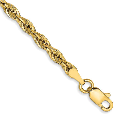14k Yellow Gold 8 inch 3mm Semi Solid Rope with Lobster Clasp Chain Bracelet