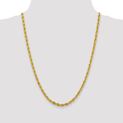 14K Yellow Gold 24 Inch 4.25mm Semi Solid Rope With Lobster Clasp Chain Necklace