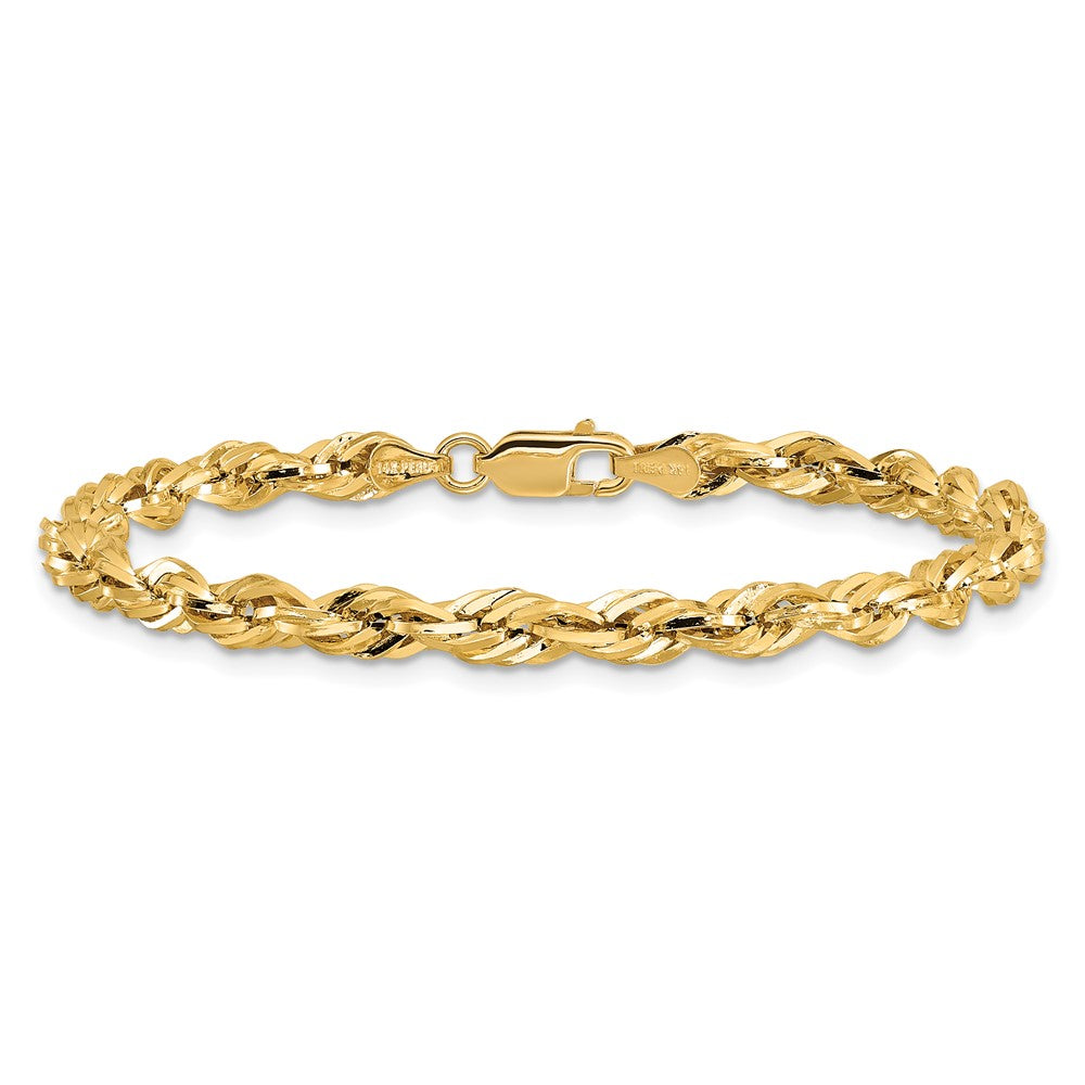 14K Yellow Gold 7 Inch 4.25mm Semi Solid Rope With Lobster Clasp Chain Bracelet