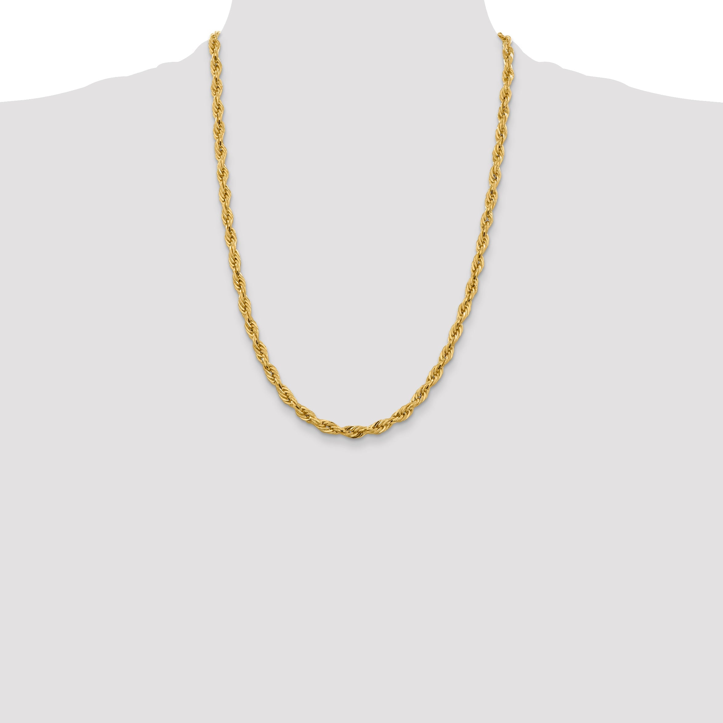 14K Yellow Gold 24 Inch 5.4mm Semi Solid Rope With Lobster Clasp Chain Necklace